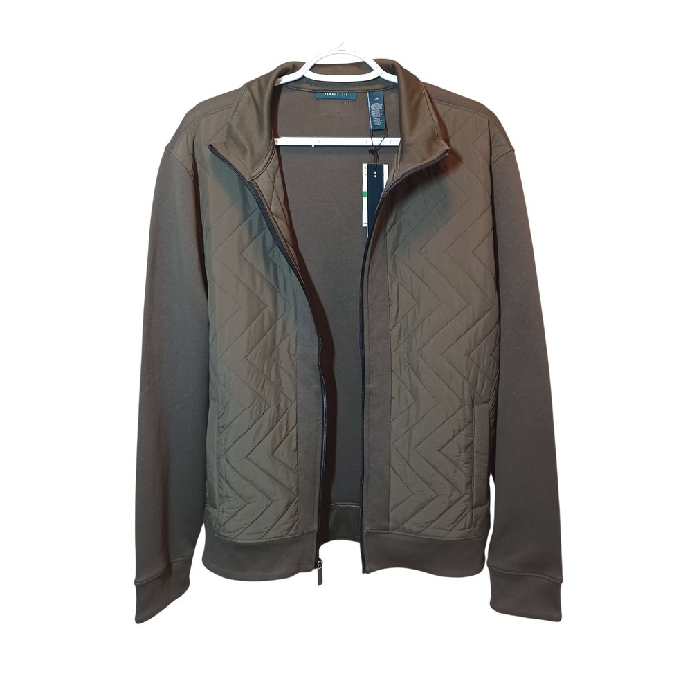 Perry Ellis Mens Quilted Front Hybrid Full Zip Jacket Olive Green Large NWT